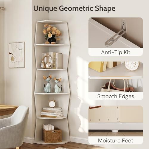 6-Tier Wavy Corner Shelf, Wooden Tall Corner Bookshelf - Image 6