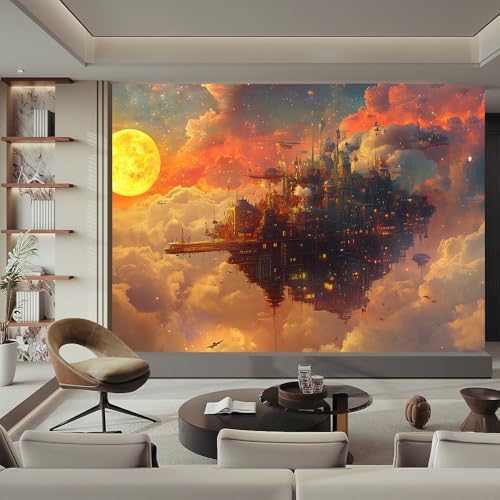 Warm Orange Gold Large Wall Mural Wallpaper Floating City in Clouds Steampunk - Image 2