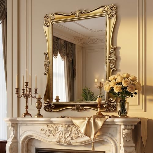 Antique Gold Wall Mirror, Vintage European Ornate Carved Frame - Image 5