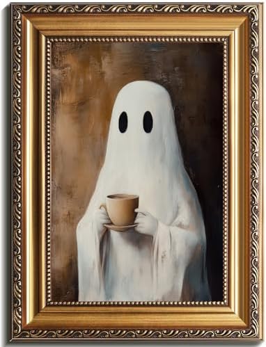 uniro Vintage Gold Framed Wall Art, Vintage Ghost Drinking Coffee Halloween by uniro