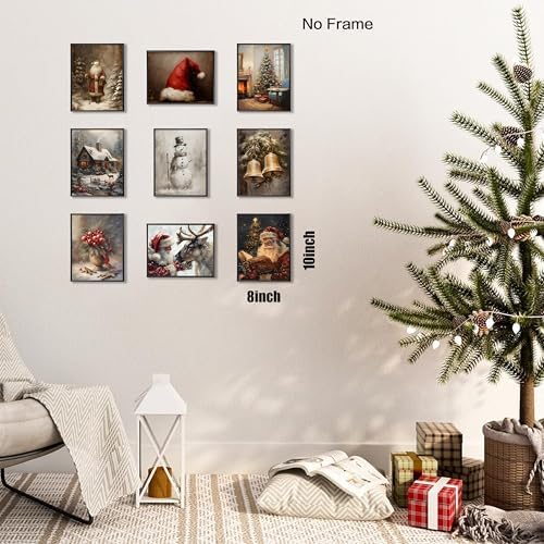 Vintage Christmas Canvas Wall Art Set of 9, Santa Claus Xmas Tree Snow Scene - Image 3