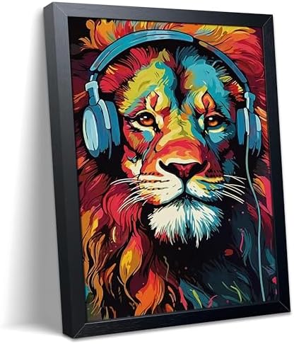 Colorful Lion Wall Art Framed Canvas Print, Lion Wearing Headphones Pop Art by Unknown