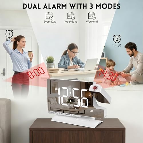 Projection Clock, Alarm Clocks for Bedrooms, 7.3"Mirror Bedside Clock - Image 4
