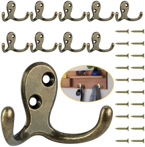 Homanu 10 Pack Antique Brass Double Prong Coat Hooks by Homanu
