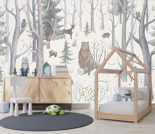 XMPMBM-Cartoon Hand-Painted Animals Woodland Nursery Room Fabric Wallpaper - Image 3