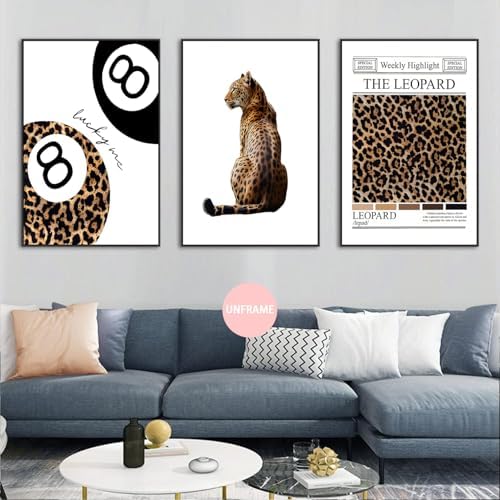 JBZDD Set of 3 Trendy Leopard Wall Art Posters Funky Lucky 8 Ball Prints - Image 4