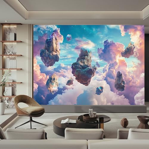 Colorful Decorative Wall Mural Wallpaper Floating Rocks Clouds Surreal Style - Image 2