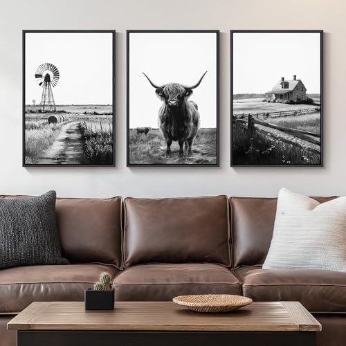 Framed Highland Cow Wall Art for Living Room, 3 Piece Black and White Farmhouse by Cuspin