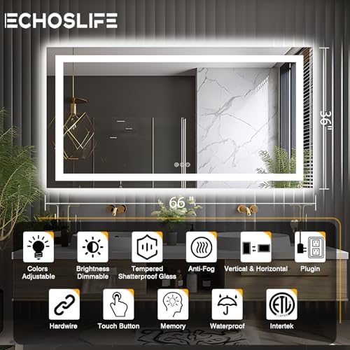 EchosLife 66"x36" LED Lit Bathroom Mirror - Image 2