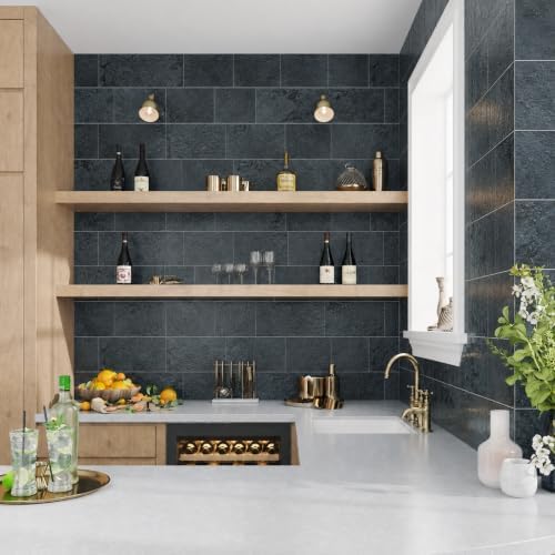 6" x 12" Midnight Black Slate Peel and Stick Backsplash Wall Tiles, PVC Faux - Image 4