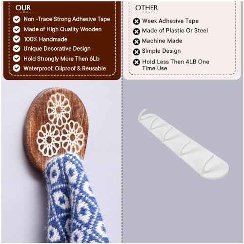 Indian Shelf 6 Wooden Adhesive Wall Hooks - Image 4