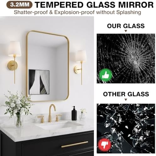 12"x16" Bathroom Mirror for Over Sink, Brushed Gold Rectangle Vanity Mirror - Image 6