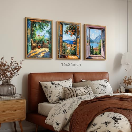 CAZLOUC Mediterranean Window View Wall Art Set of 3, Italian Coastal Balcony - Image 4