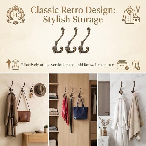 Chumia 6 Pack Rustic Wall Hooks Heavy Duty Cast Iron Brass Coat Hooks - Image 6
