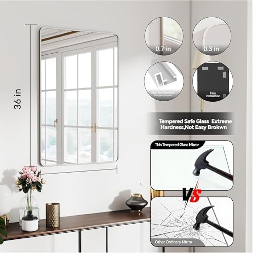 36x24 Bathroom Mirror Rect Wall Mounted Aluminum Metal Frame Silver - Image 2