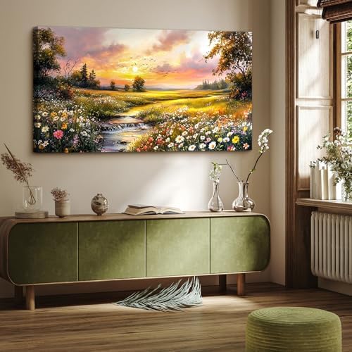crmotu Extra Large Canvas Art, Rustic River Meadow Wall Decor 29X57 In - Image 2