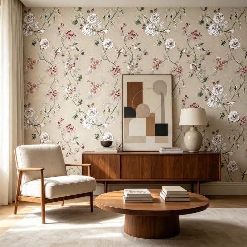 Vintage Peel and Stick Wallpaper 17.7in x 118in, Bird Rose Floral Removable - Image 2