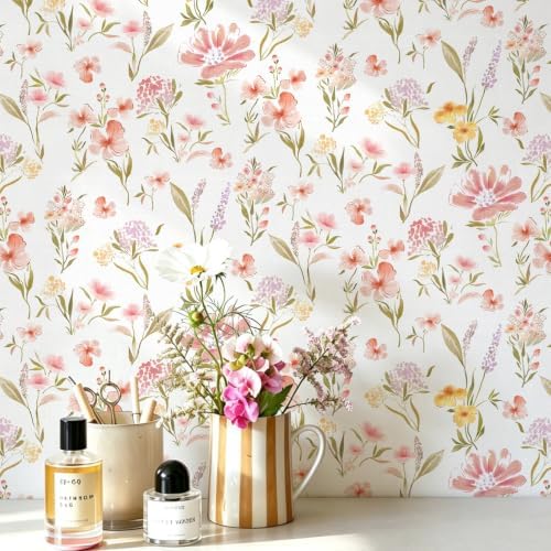 Ismoon Pink and White Floral Peel and Stick Wallpaper by Ismoon
