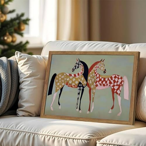 Framed Vintage Horse Canvas Wall Art, Abstract Two Patterned Horses Print - Image 2