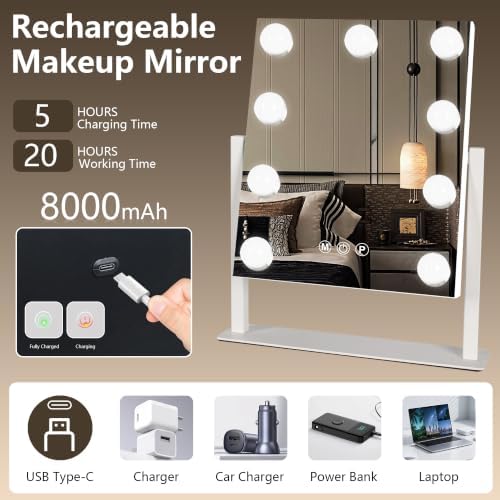 Ratsamee Rechargeable Vanity Mirror, 8000mAh 13"×15" Makeup Mirror - Image 2