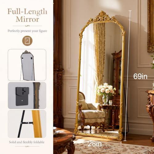 69"x28" Antique Gold Arched Vintage Floor Mirror - Image 5