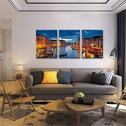 Pacimo Venice Night View 3-Piece Waterproof Watercolor Wall Art, Modern Canvas - Image 2