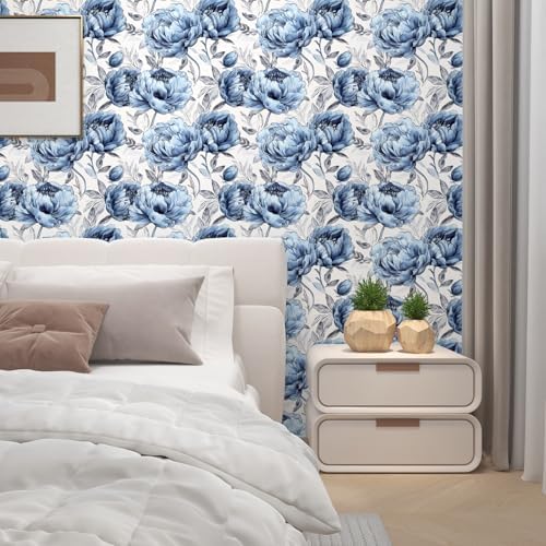 BOKEBEVE Boho Floral Wallpaper Peel and Sticck White Blue 17.5 x 118In - Image 3
