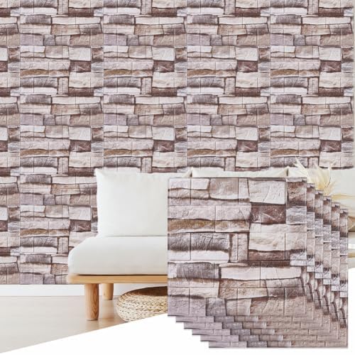 CRASPIRE 10Pcs 3D Faux Stone Peel and Stick Wall Tan Tile Panels 11.8x11.8in by CRASPIRE