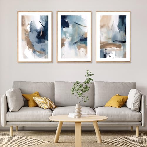 LHIUEM Large Abstract Navy Blue Framed Canvas Wall Art, Neutral Brush Stroke - Image 6