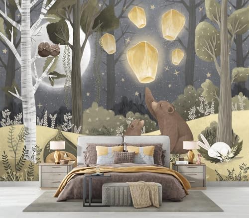 Cozy Night Forest Animal Sleeping Bear Lantern Kids Wallpaper - Image 3