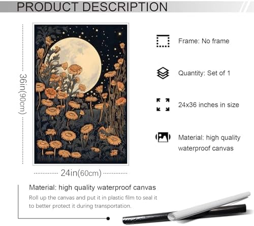 Vintage Moon Flowers Canvas Wall Art, Retro Mystical Celestial Moon Poster - Image 6