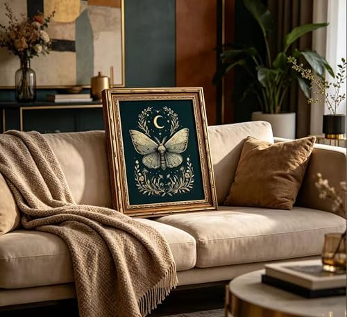 Vintage Gold Framed Celestial Moth Crescent Moon Wall Art Gothic Moody Ethereal - Image 7