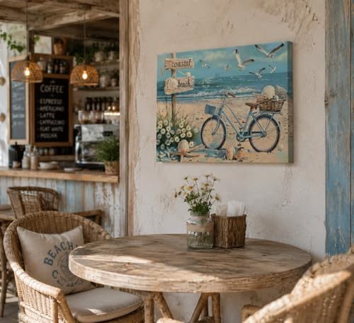 Birnsen Coastal Beach Bicycle Canvas Wall Art Seagull Seashell Daisies Picture - Image 2