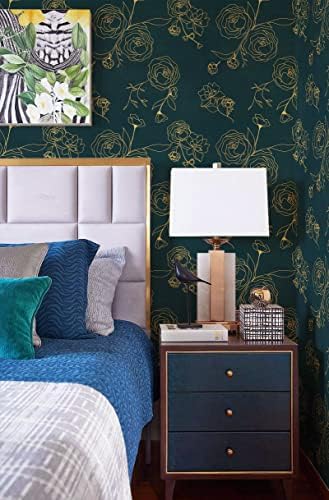 Safiyya 393"x17.3" Peel and Stick Wallpaper Gold and Teal Green Contact Paper - Image 4