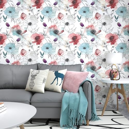 Laatse Blue Pink Watercolor Floral Peel and Stick Wallpaper 17.5"x393" - Image 3