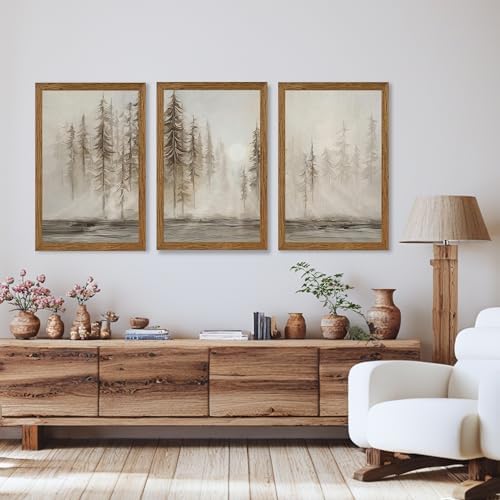Urmoya Triptych Neutral Misty Forest Framed Canvas Wall Art, 20x30 inch x3 - Image 4