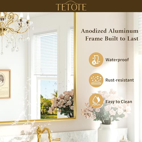 TETOTE Brushed Brass Bathroom Mirror 22" x 30" Brushed Gold Rectangle Beveled - Image 5