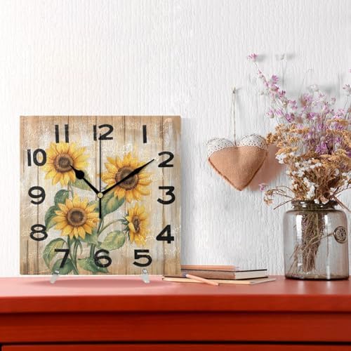 8 Inch Square Wall Clock, Retro Board Blooming Sunflowers Non Ticking Battery - Image 4