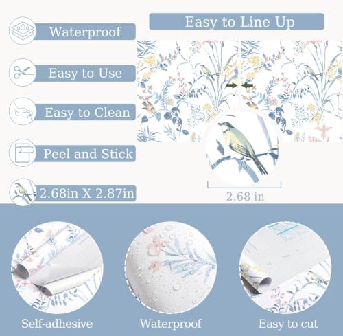 Erfoni Boho Floral Peel and Stick Wallpaper Blue Floral Birds Contact Paper - Image 5