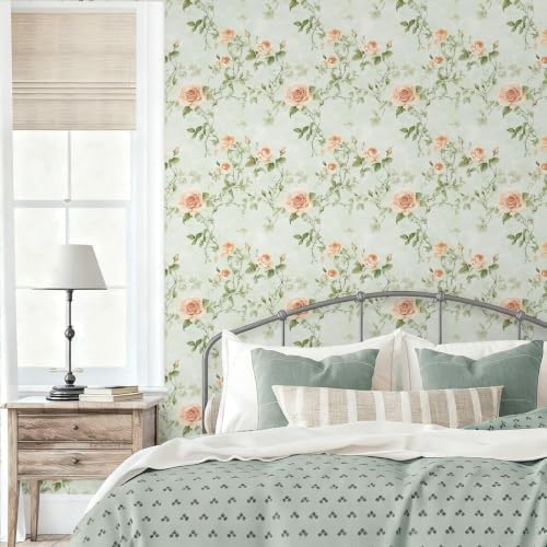 Floral Peel and Stick Wallpaper Green and Orange Flower Wall Paper Vintage - Image 3