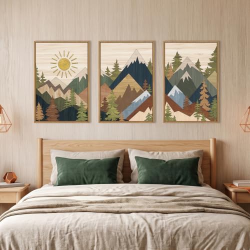 Large Abstract Mountain Woodcut Framed Canvas Wall Art, Vintage Pine Tree Wall - Image 4
