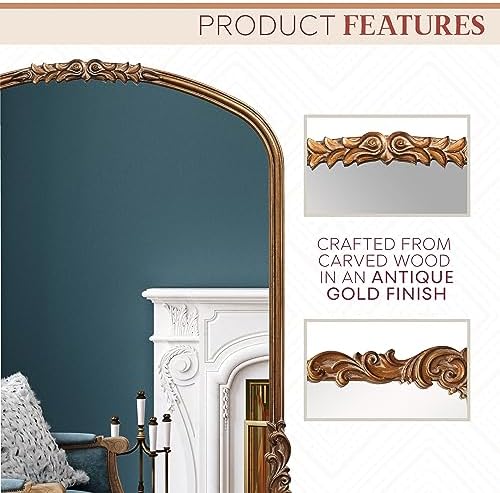 Wylde Iris English Estate Carved Arch Wood Wall Mirror, Mirror - Image 4