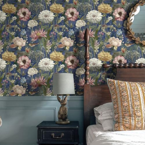 Jeweluck Vintage Floral Wallpaper Peel and Stick Dark Blue 16.9" x 196.8" - Image 2