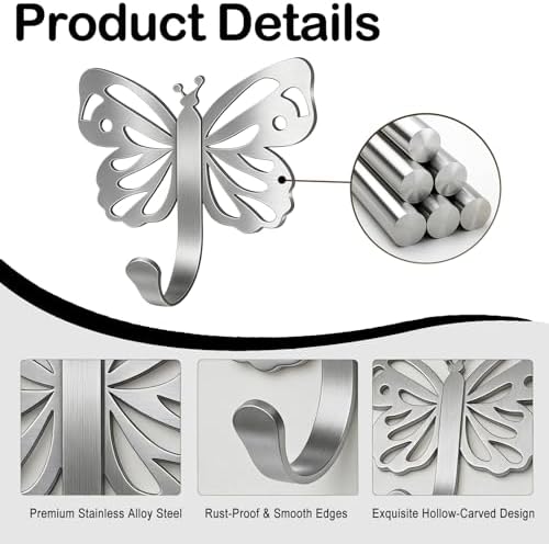 Majewel Silvery Hooks for Hanging, Butterfly Hooks for Shower Wall Hangs - Image 3
