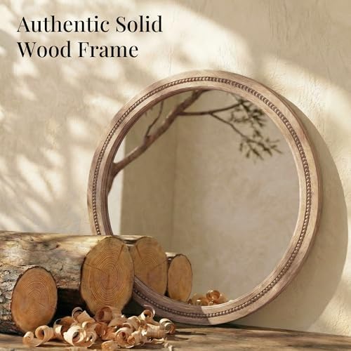 Solid Wood 36 Inch Round Beaded Wall Decor Mirror, Natural Wood - Image 4