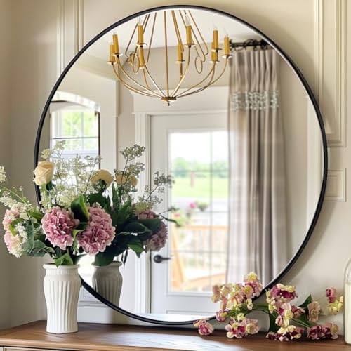 24 inch Black Circle Mirror, Round Mirror, Matte Black Metal Frame by Winnker