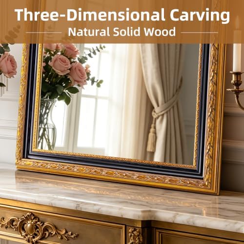 Black & Gold Leaf Carved Decorative Mirror, 60.6 x 31 Inches - Image 4