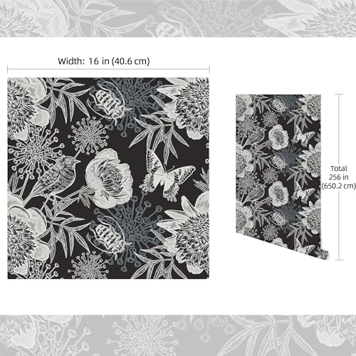 FLFK Peel and Stick Wallpaper Floral Birds Black Wallpaper 16" x 256" - Image 3