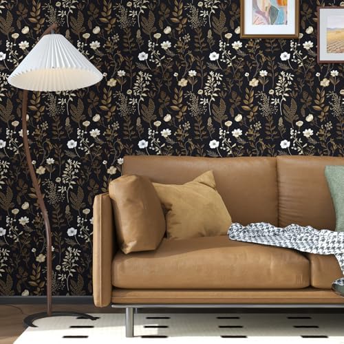 Black Dark Muted Gold Floral Peel and Stick Wallpaper 17.5" x 787" - Image 3