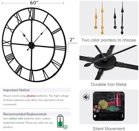 60 Inch Large Silent Wall Clock, Easy Assembly Roman Numeral Black - Image 2